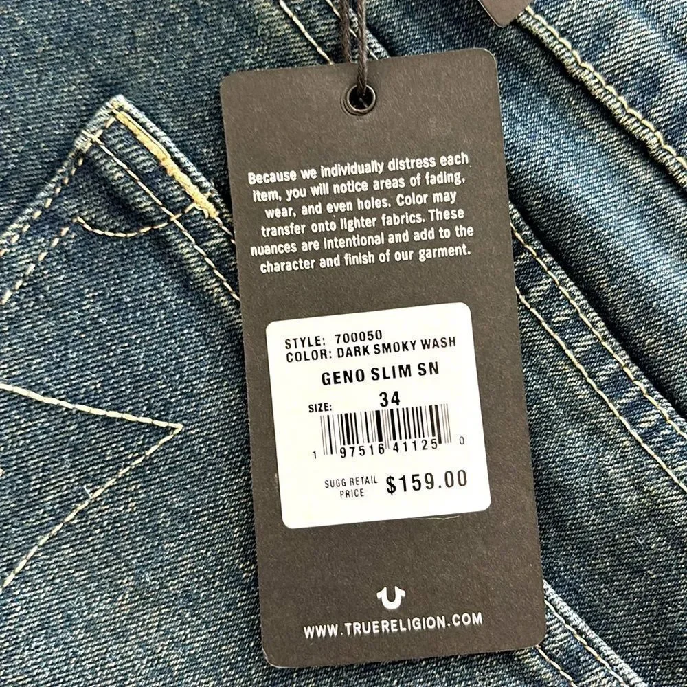 True Religion jeans NWT w34 l32 GENO relaxed slim dark smoky wash